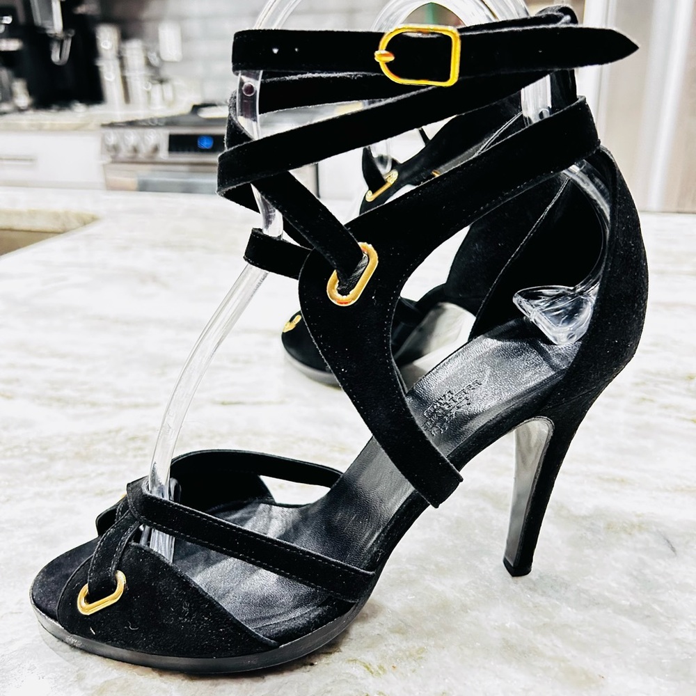 Hermes Authentic Black Suede Strappy Heeled Sandals with Gold Hardware